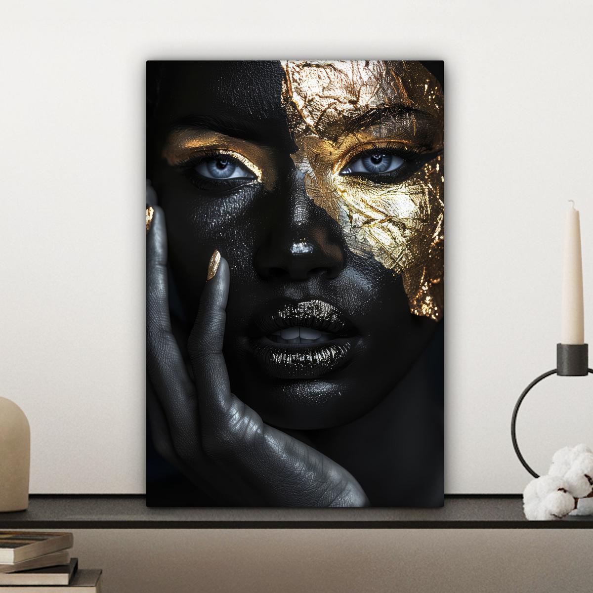 LEINWANDBILD Frau - Gold - Porträt - Schwarz-Weiß - Luxus Deko Wohnzimmer 20x30 cm - Hellblau, Textil (20/30cm) - MuchoWow