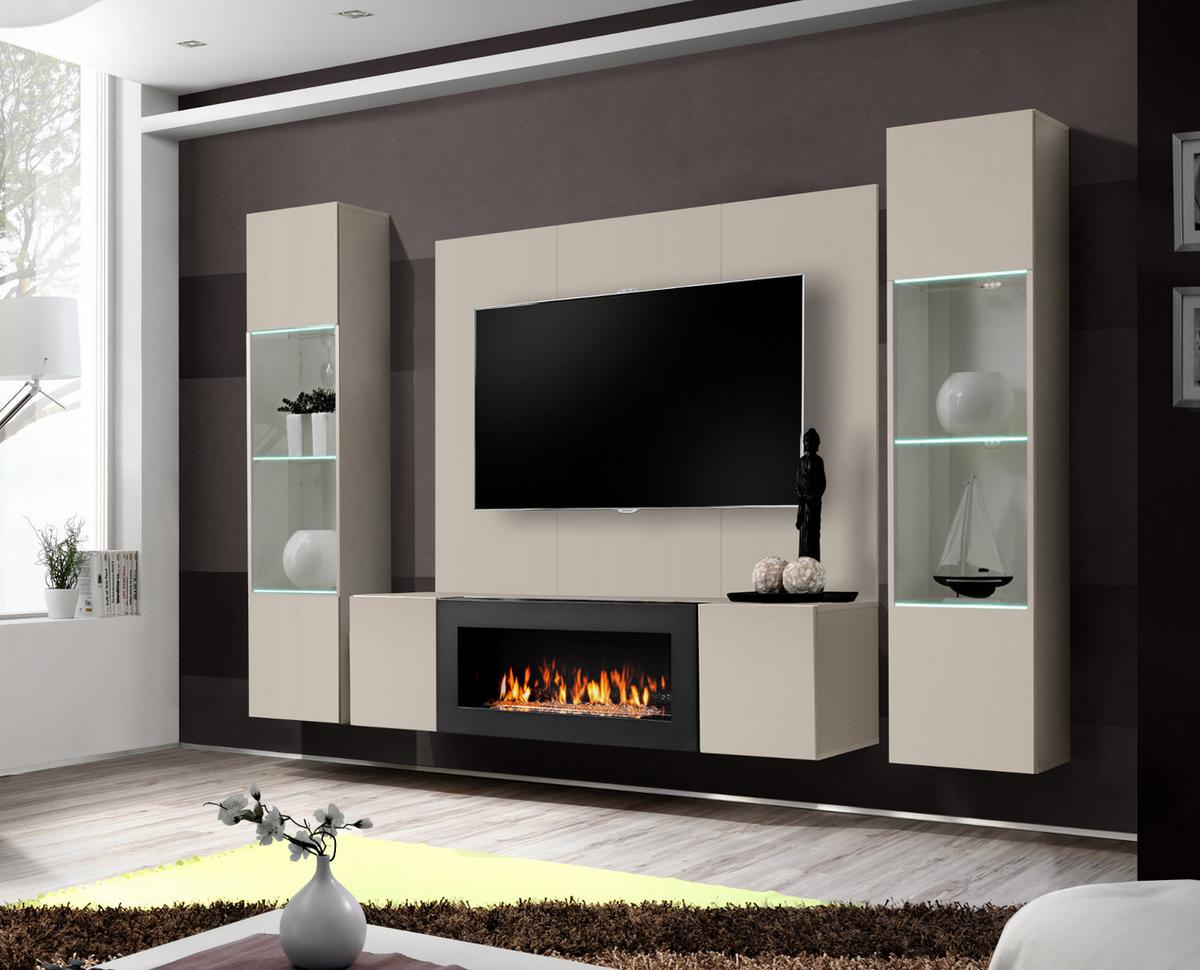 WOHNWAND Kaschmir 4-teilig 260 cm hängend, Anbauwand mit Ethanol Kamin - Kaschmir, Glas/Holzwerkstoff (260/170/40cm) - Inn.Furn