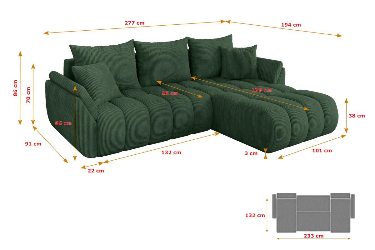ECKSOFA mit Schlaffunktion Ottomane Rechts TOKO-L-v1 277x194x86 Grün Cord - Dunkelgrün/Schwarz, Holzwerkstoff/Kunststoff (277/194cm) - ALTDECOR