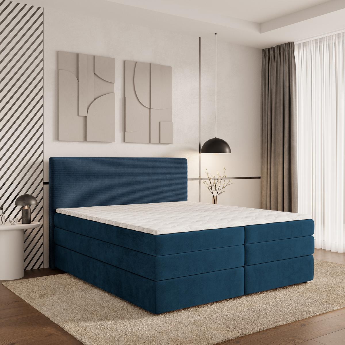 BOXSPRINGBETT MATERN 140x200 cm mit Matratze und Topper - Blau - Blau, Holz (140/200cm) - MASSENO
