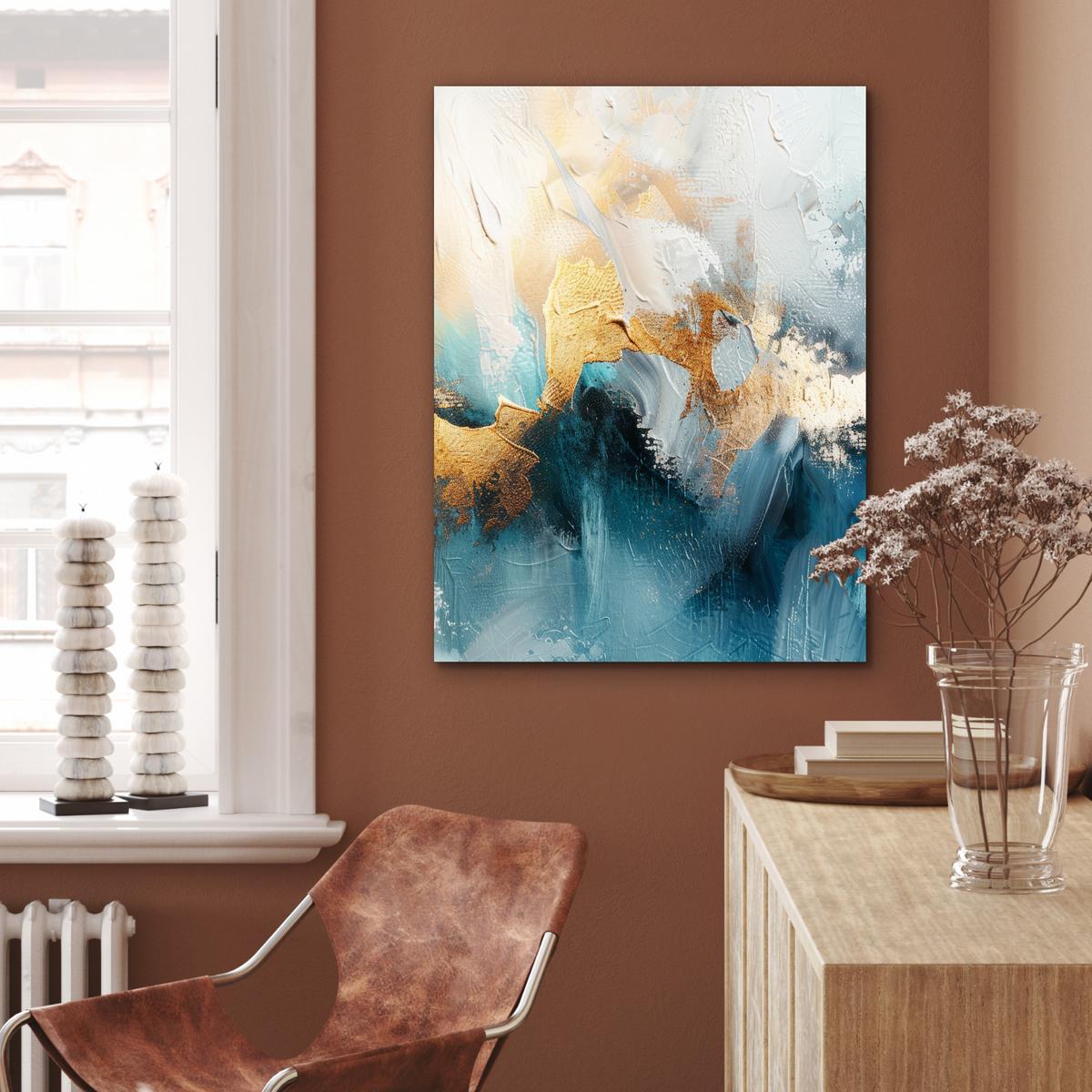 METALLBILD Abstrakt - Kunst - Gold - Blau 60x80 cm - Petrol, Metall (60/80cm) - MuchoWow