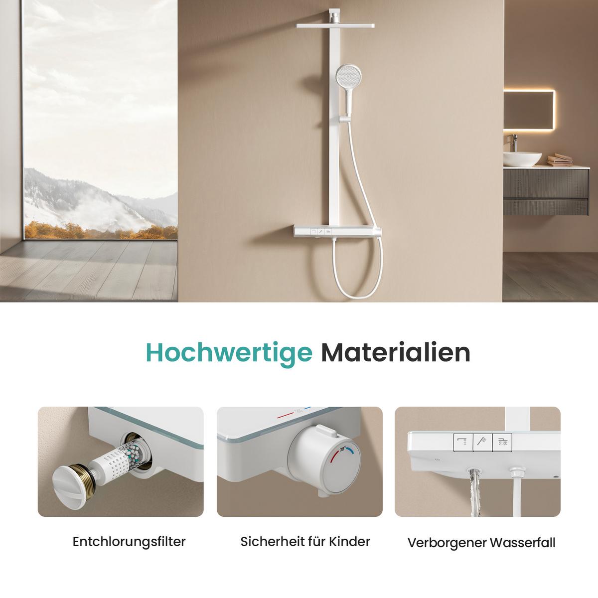 ÜBERKOPFBRAUSESET mit Brausethermostat Weiß 105/40,1/57,3 cm - Weiß, Metall (43.7/112.2/62.5cm) - EMKE