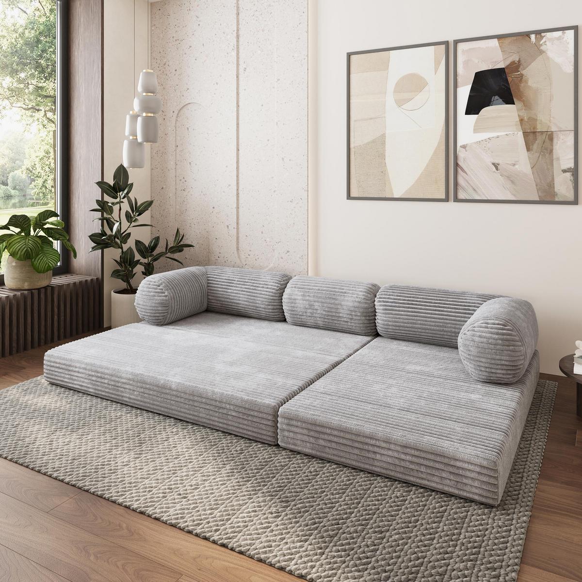 ECKSOFA ETERA modulares Boneless Sofa mit Schlaffunktion Hellgrau Kordstoff - Grau, Textil (270/160cm) - MASSENO