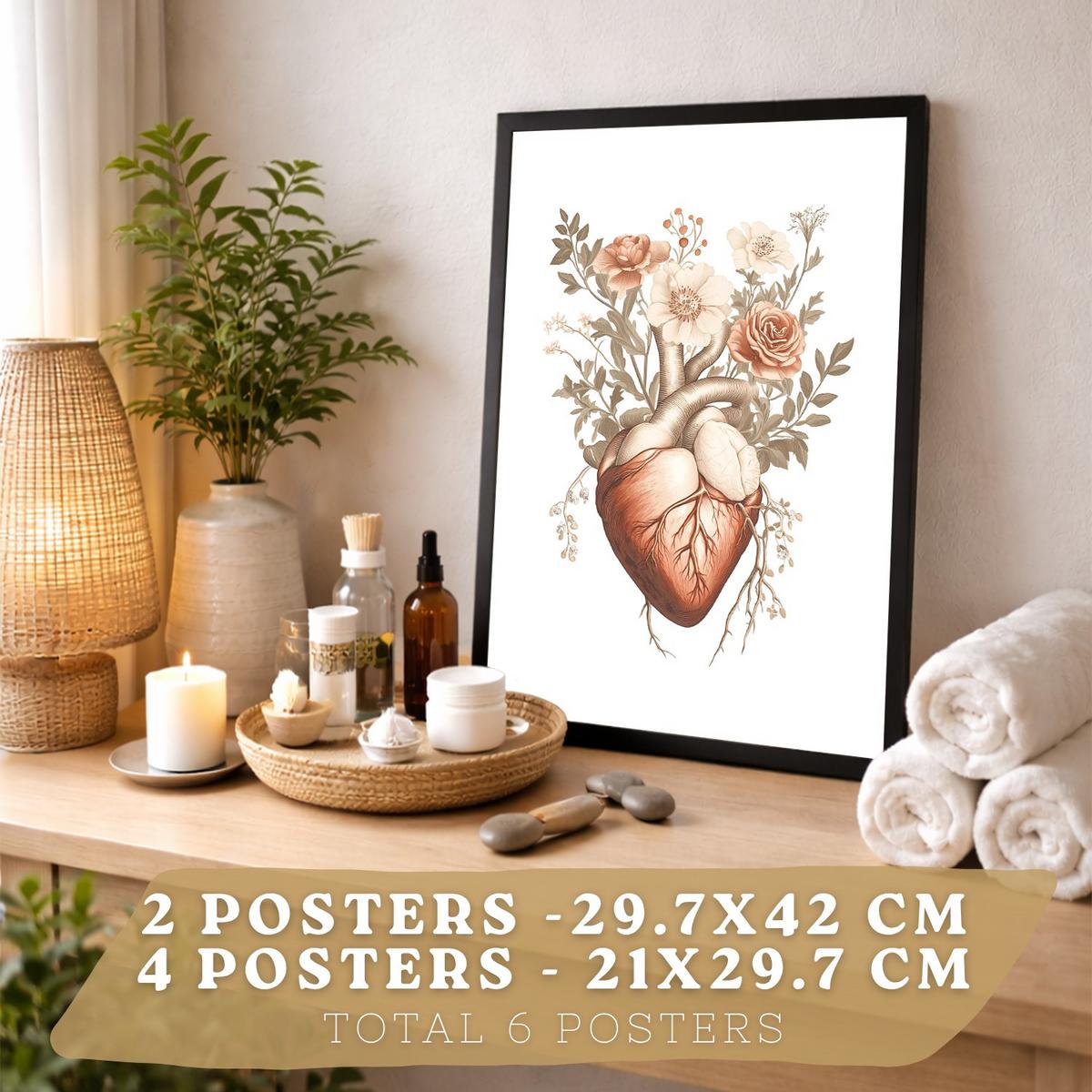 POSTER Set aus 6 Anatomie Mensch Florale Aquarell Drucke und mit Gehirn Lungen Skelett Nieren und Organen Botanische Größe Schwarzer Rahmen A3 & A4 - Schwarz, Papier (21/29.7/3cm) - Nacnic
