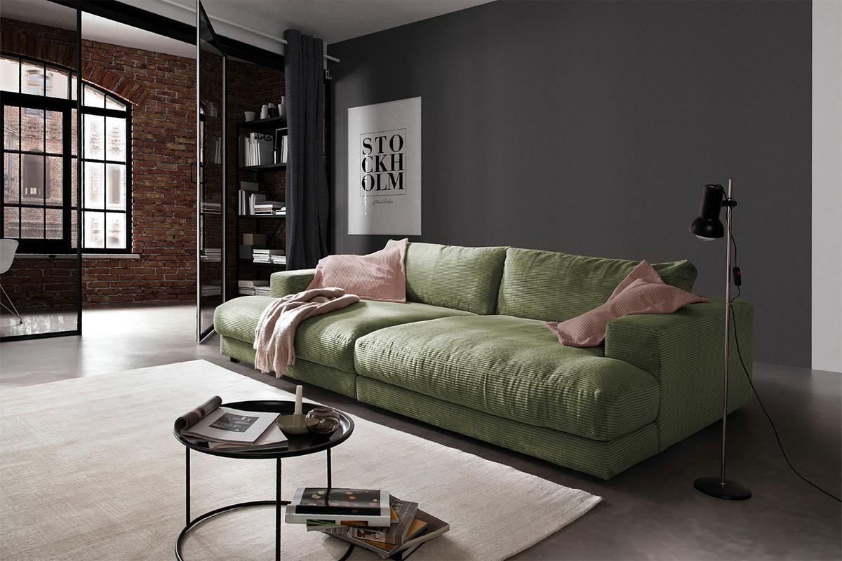 BIG SOFA XL MADELINE Grün Cord - Schwarz/Olivgrün, Kunststoff/Textil (290/85/190cm) - KAWOLA