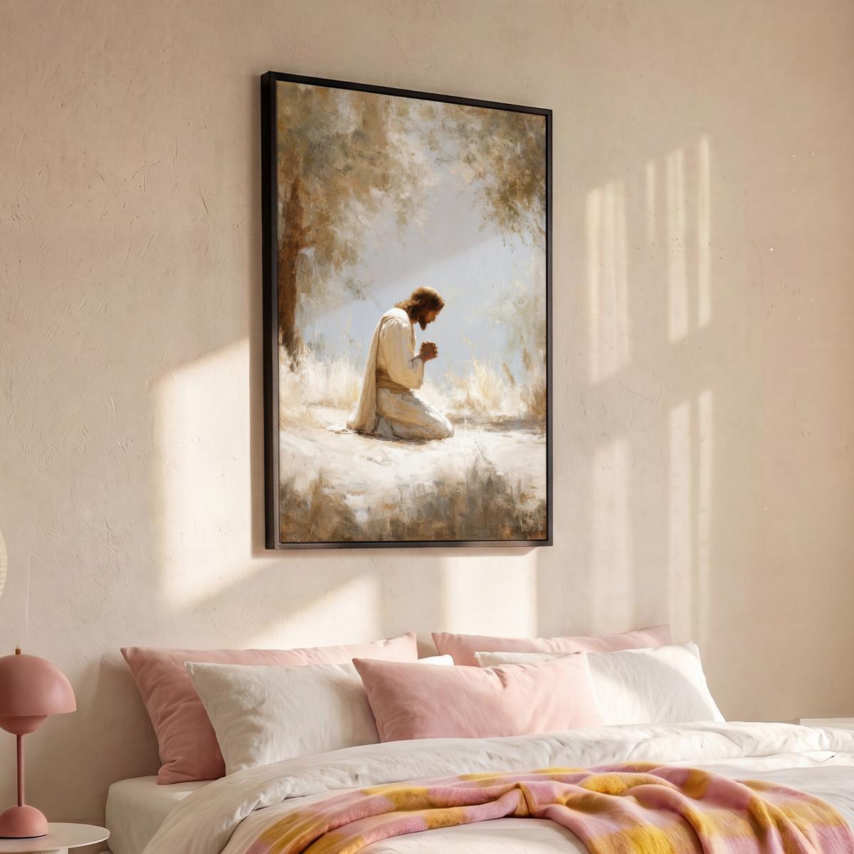 LEINWAND Bilder mit Rahmen - Jesus - Kniend - Waldlandschaft - Betend - 90x140 - Beige, Textil (90/140cm) - MuchoWow