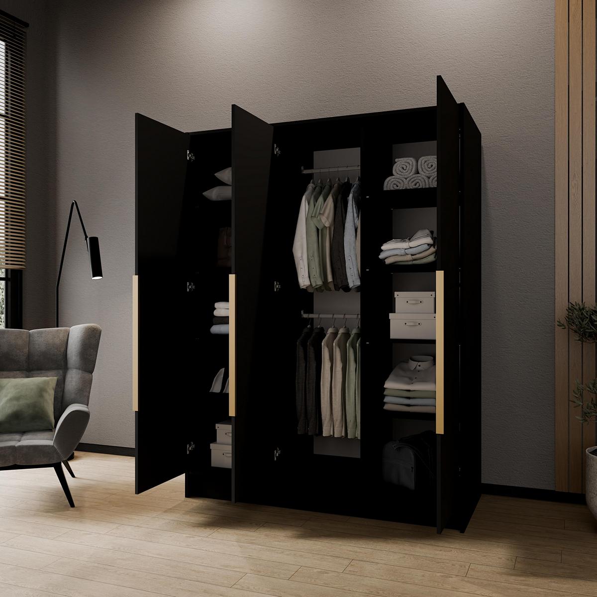 DREHTÜRENSCHRANK RENVO 150/200/51 cm Modern Kleiderschrank 3-türig mit Spiegel Schwarz - Schwarz, Holzwerkstoff (150/200/51cm) - MASSENO