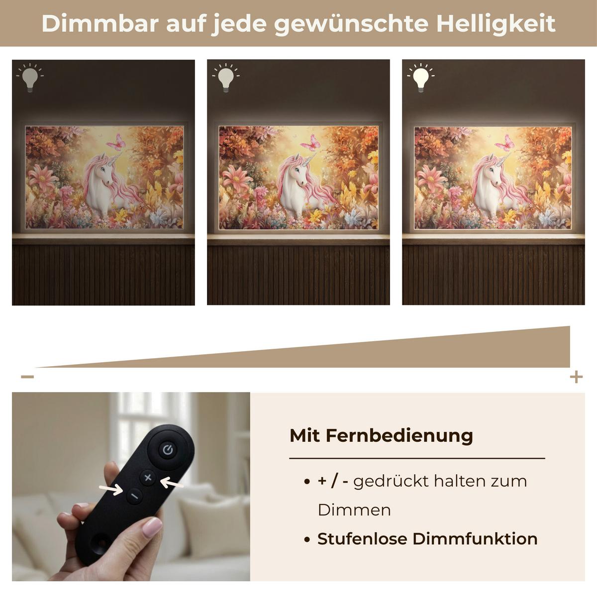 WANDLEUCHTE MIT AKKU Einhorn - Blumen - Schmetterling - Rosa 60x40 cm - Beige, Holzwerkstoff (60/40/8cm) - OnlyWow