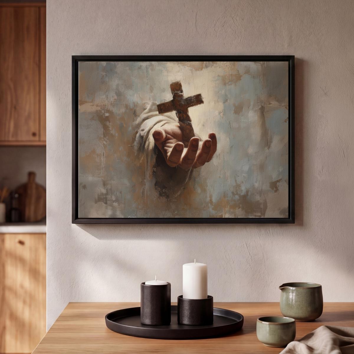 LEINWAND Bilder mit Rahmen - Abstrakt - Kreuz - Hand - Christentum - 40x30 - Hellbraun, Textil (40/30cm) - MuchoWow