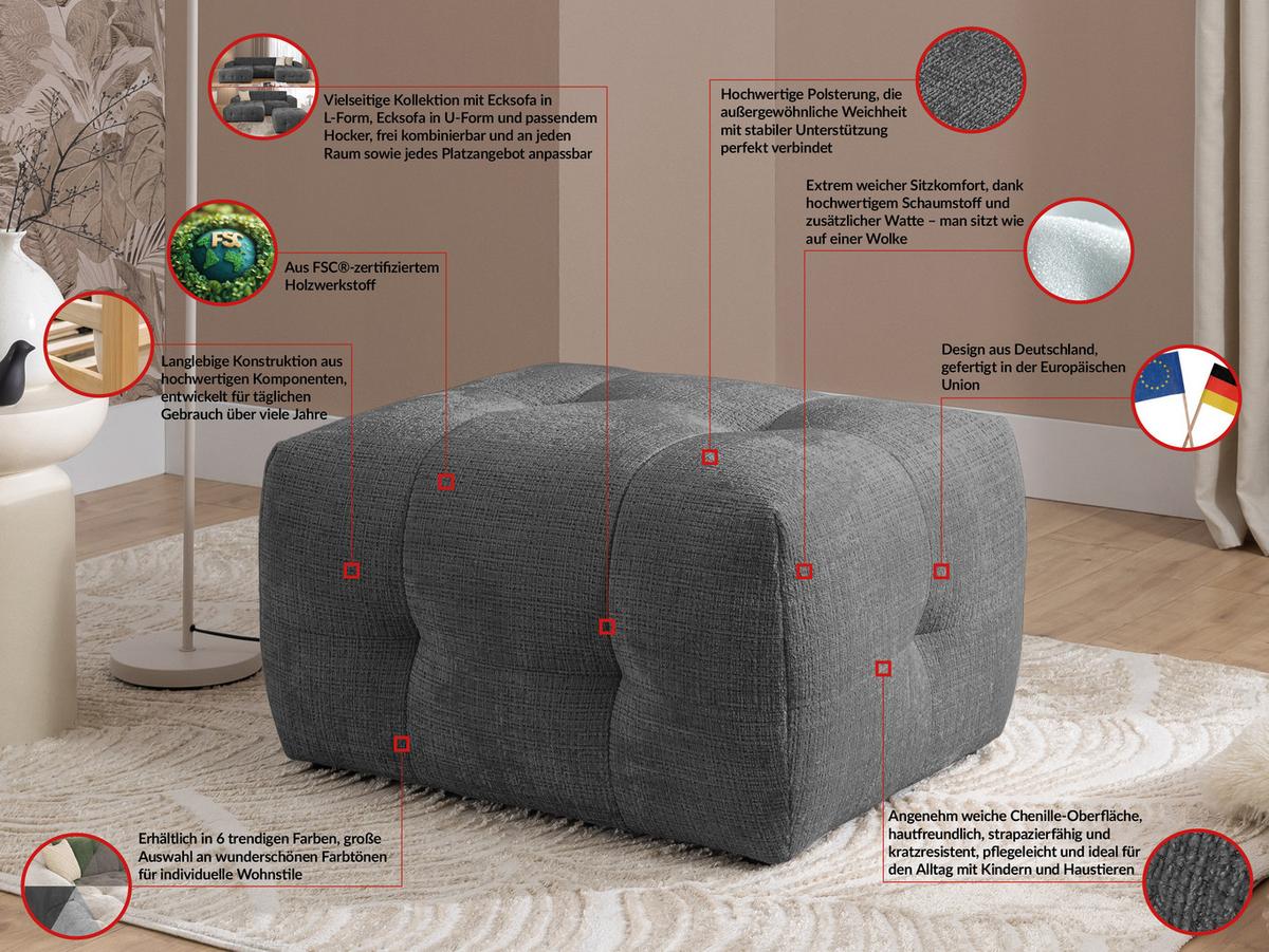 ECKSOFA inkl. Hocker Kozy im Bumpy-Design mit Schlaffunktion und fester Rückenlehne aus weichem Grau Chenille-Stoff - Ottomane links - Schwarz/Grau, Holz/Kunststoff (161/234cm) - S-Style Möbel