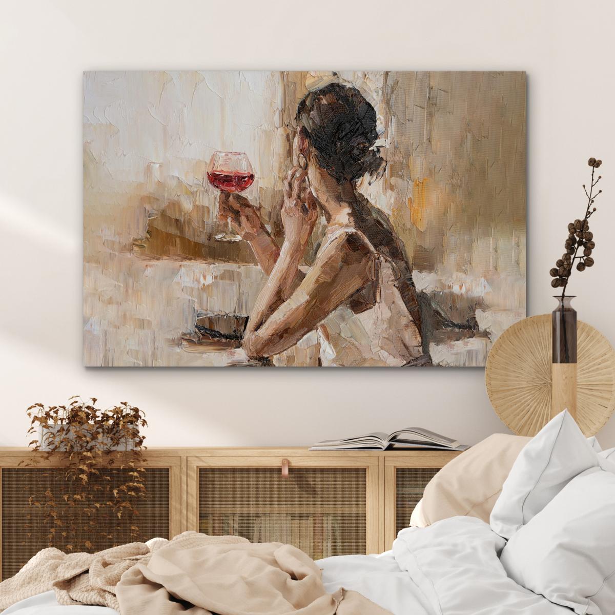 METALLBILD Ölgemälde - Frau - Wein Wanddeko 90x60 cm - Hellbraun, Metall (90/60cm) - MuchoWow