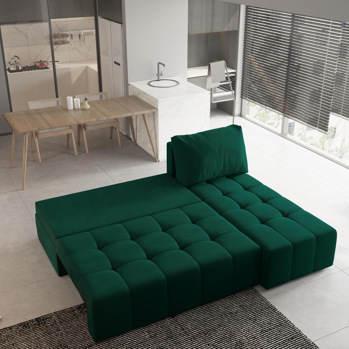 ECKSOFA DOMIRA Grün Plüsch-Stoff mit Schlaffunktion - Grün, Holz (200/141cm) - MASSENO