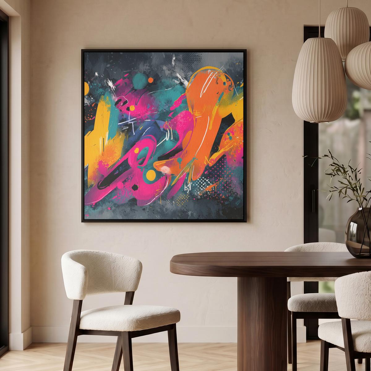 LEINWAND Bilder mit Rahmen - Abstrakt - Graffiti - Farbenfroh - Farbspritzer - 90x90 - Multicolor, Textil (90/90cm) - MuchoWow