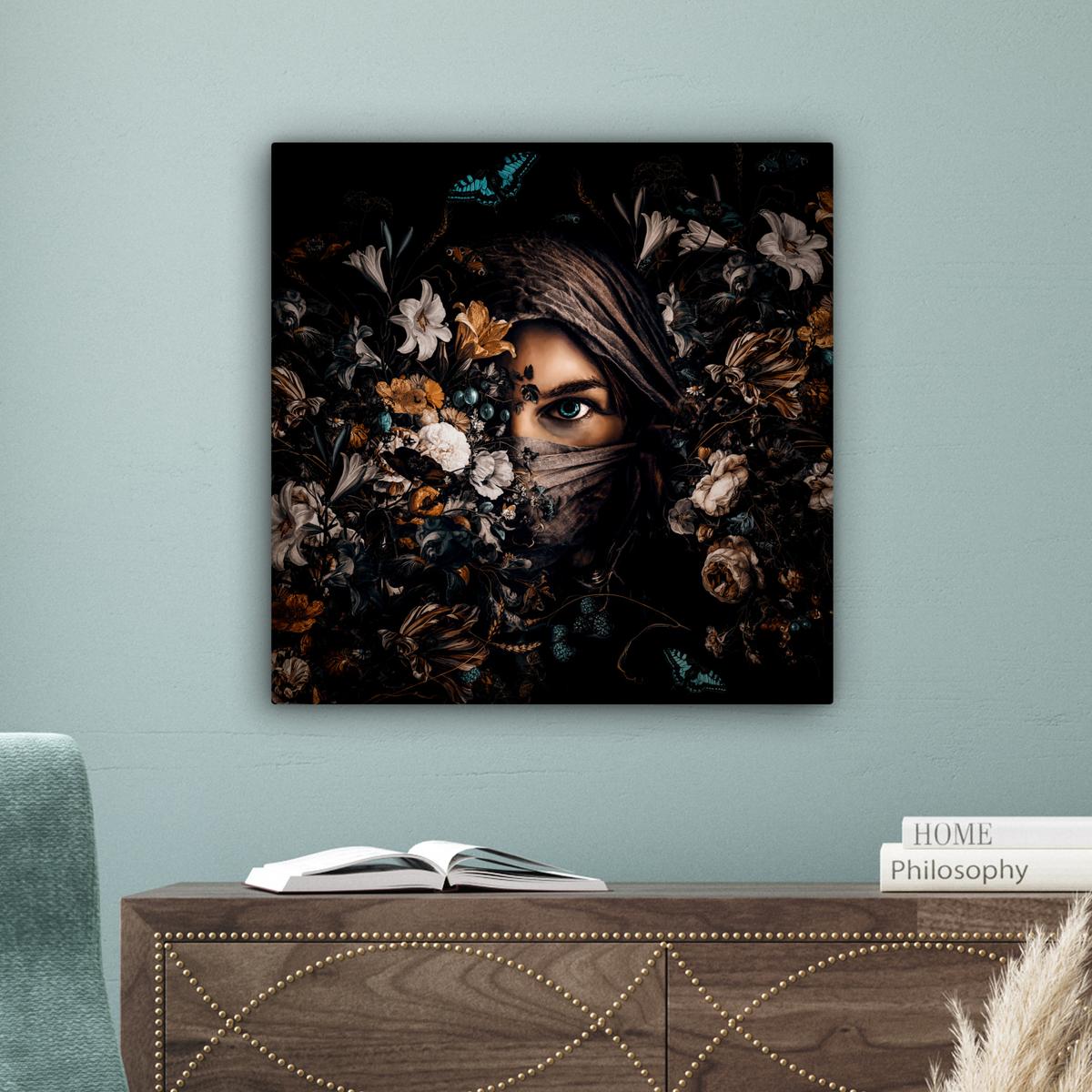 LEINWANDBILD Frau - Luxus - Blumen - Schmetterling - Porträt Wandbild Wohnzimmer 50x50 cm - Schwarz, Textil (50/50cm) - MuchoWow