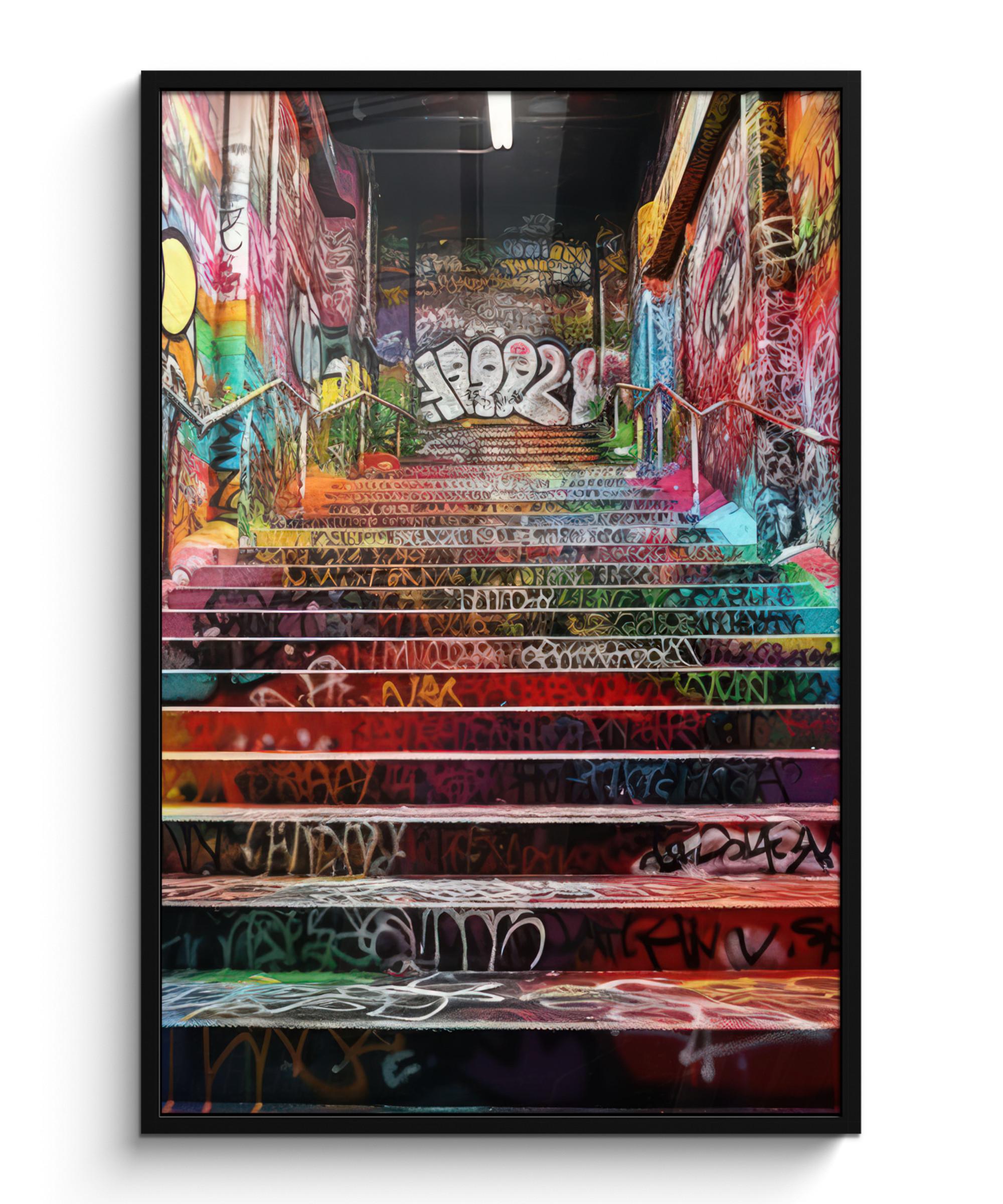 POSTER MIT RAHMEN Treppe - Graffiti - Farben - Kunst Bilderleiste 80x120 cm - Multicolor, Papier (80/120cm) - MuchoWow