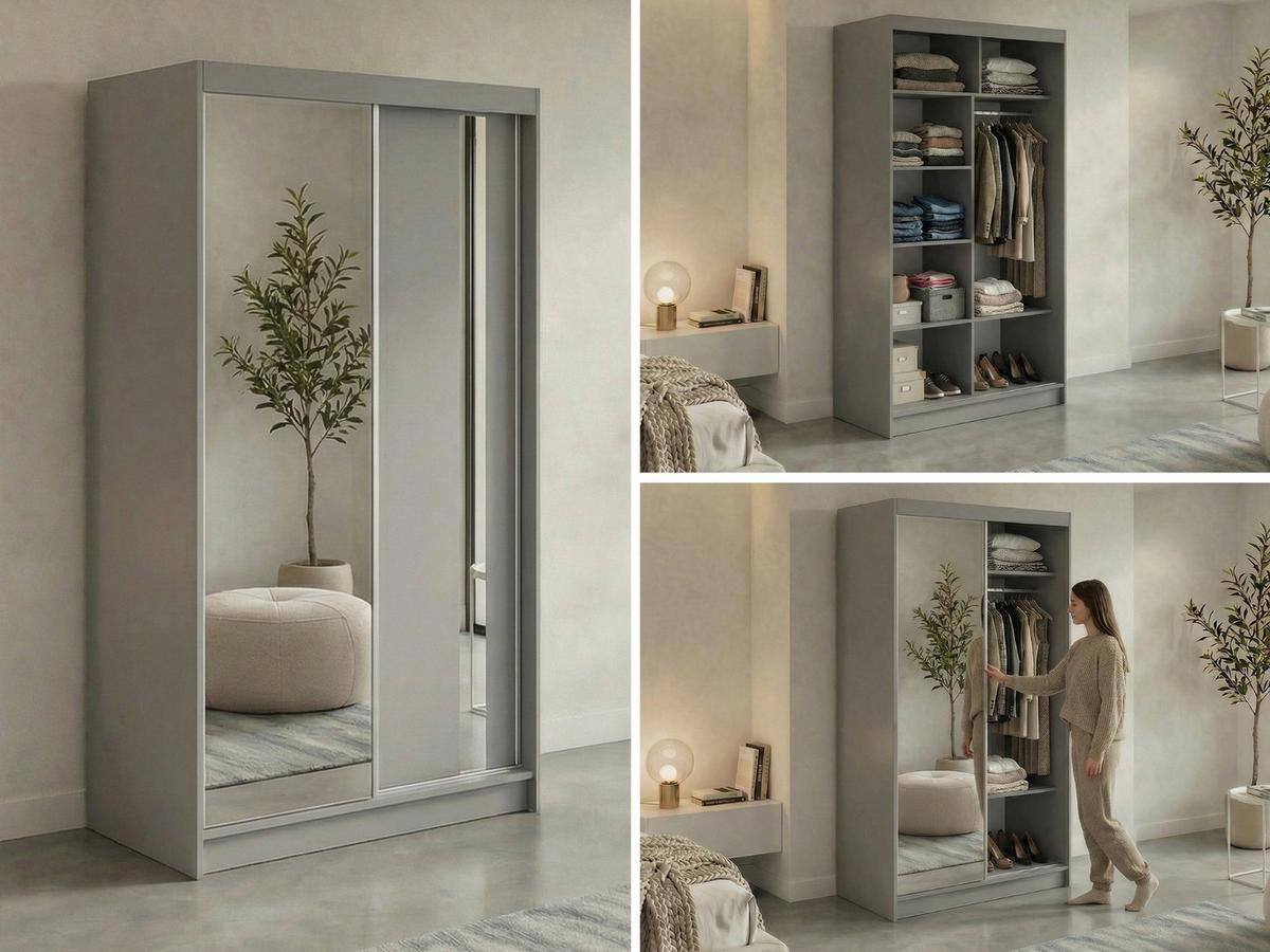 SCHWEBETÜRENSCHRANK 120 - GRECJA - Grau mit Spiegel - Alufarben/Grau, Holzwerkstoff/Metall (120/216/61cm) - MKS