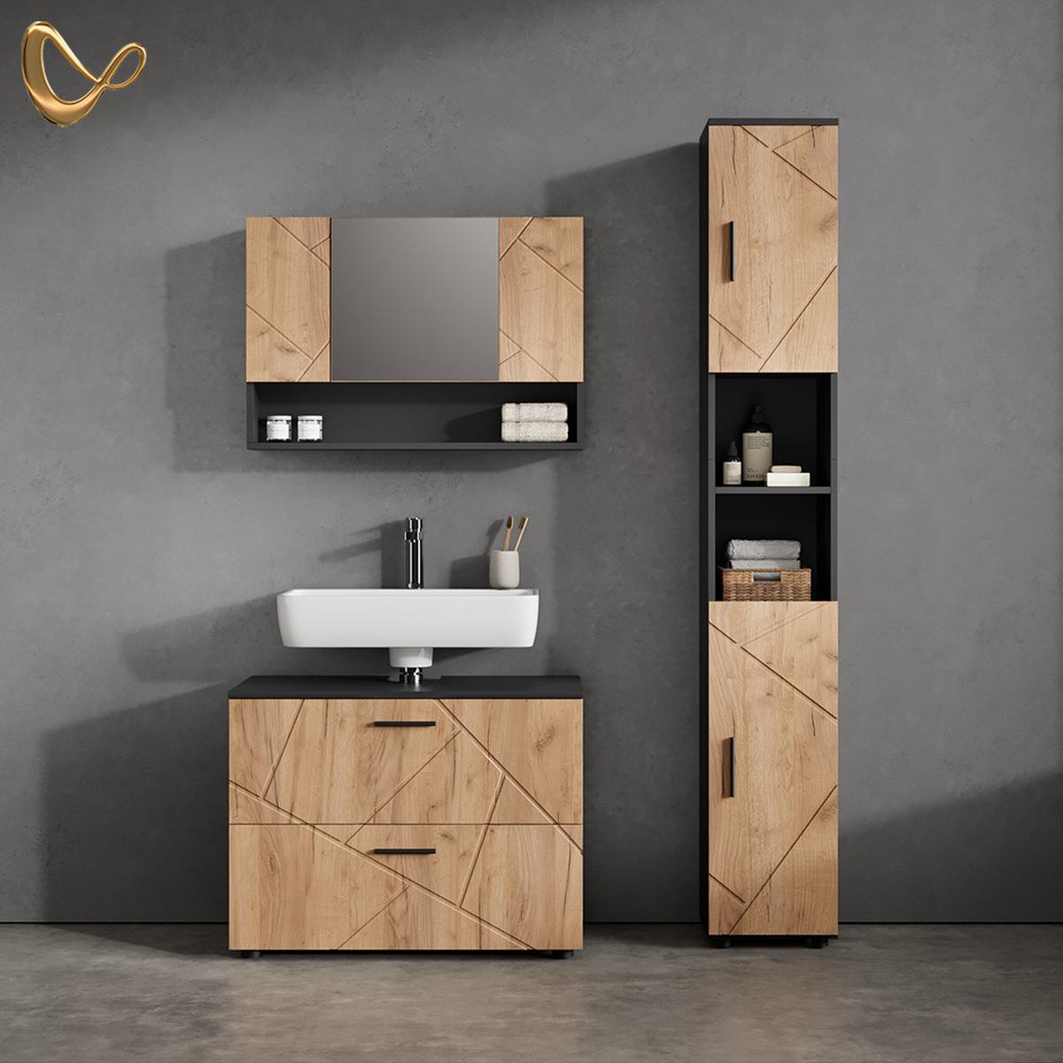 BADMÖBEL-SET Ronco Goldkraft Eiche/Anthrazit 2 Teile, Unterschrank 80 cm - Honigeiche/Anthrazit, Holzwerkstoff (41/80/58cm) - Livinity®