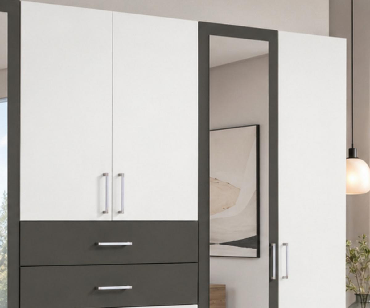 DREHTÜRENSCHRANK B270/H208/T58 cm, Weiß mit Absetzungen in Grafit, Kleiderschrank mit 2 Spiegeltüren & Schubkästen / 22594 - Silberfarben/Graphitfarben, Holzwerkstoff/Kunststoff (270/208/58cm) - luma-home