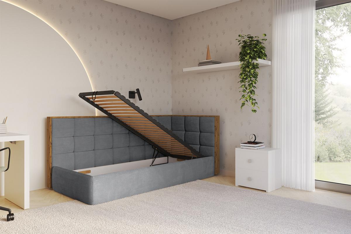EINZELLBETT Jugendbett mit Bettkasten und Matratze H3/H4, Links - SOVY 90x200 Dunkelgrau - Graphitfarben, Holzwerkstoff/Textil (90/200cm) - ALTDECOR