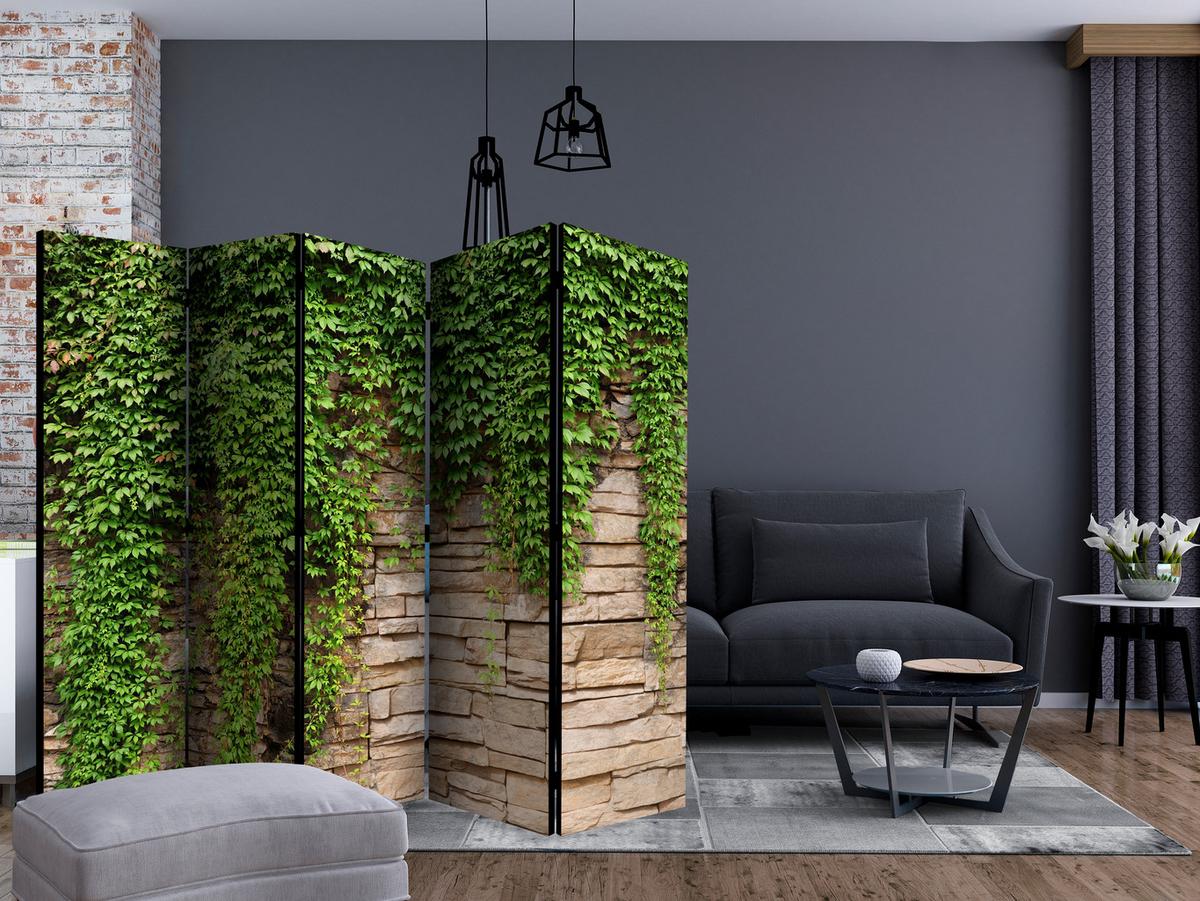 PARAVENT 5-tlg 225x172 cm Mauer Blätter 3D - Grün, Holz/Textil (225/172/3cm) - Muralo
