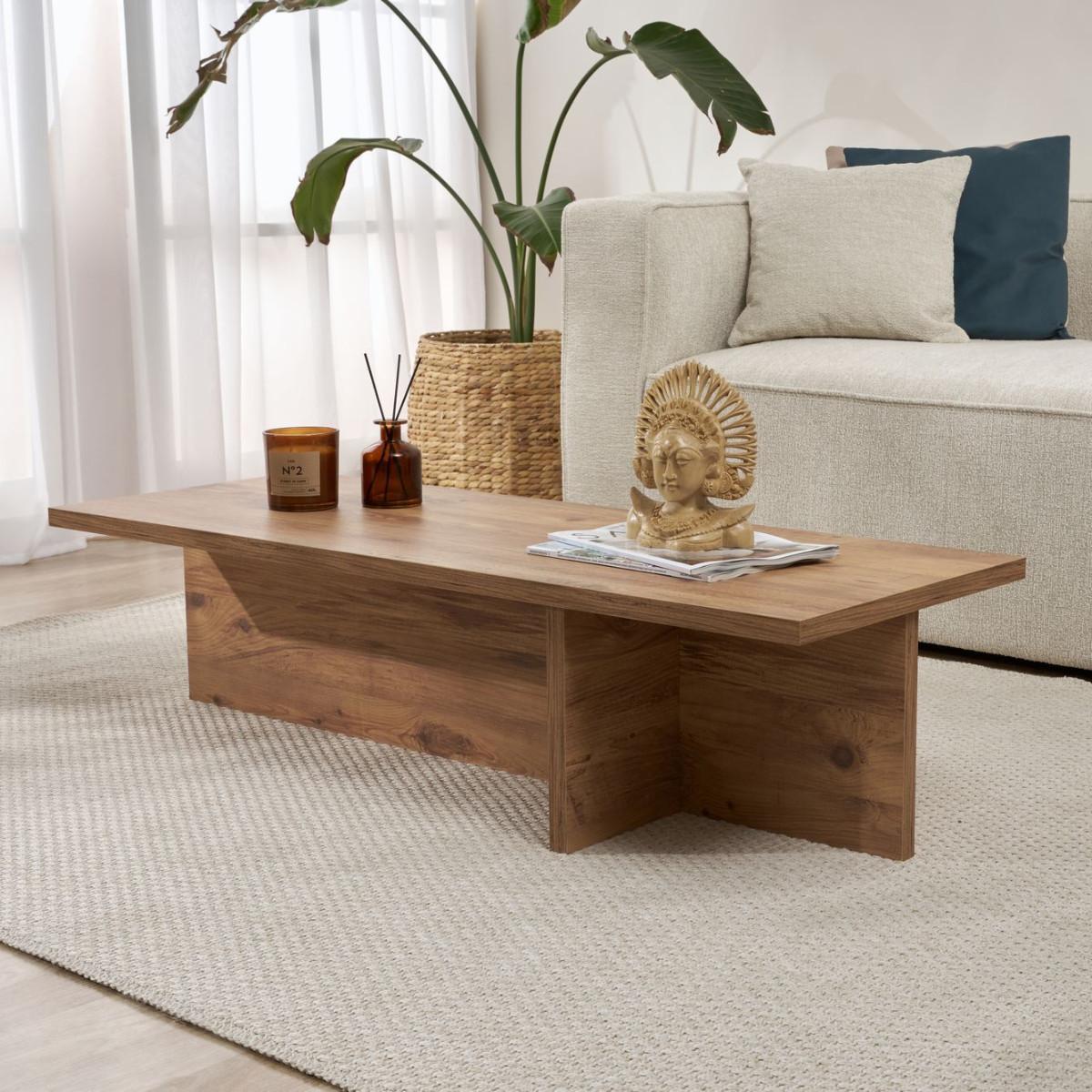 COUCHTISCH mit rechteckiger Platte und asymmetrischem Fuß L120 cm - HARBOR - Eichefarben, Holzwerkstoff (50/45/30cm) - Calicosy