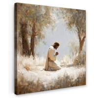 LEINWANDBILD Jesus - Kniend - Waldlandschaft - Betend Deko Groß 90x90 cm - Beige/Hellblau, Textil (90/90cm) - MuchoWow