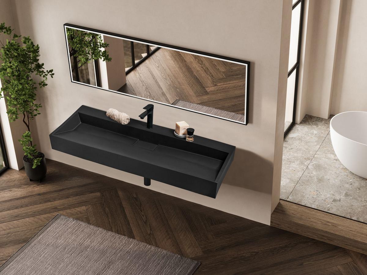 HÄNGEWASCHBECKEN Schwarz 120/46 cm Mineralguss Quenko - Schwarz, Naturmaterialen (120/12/46cm) - Beliani