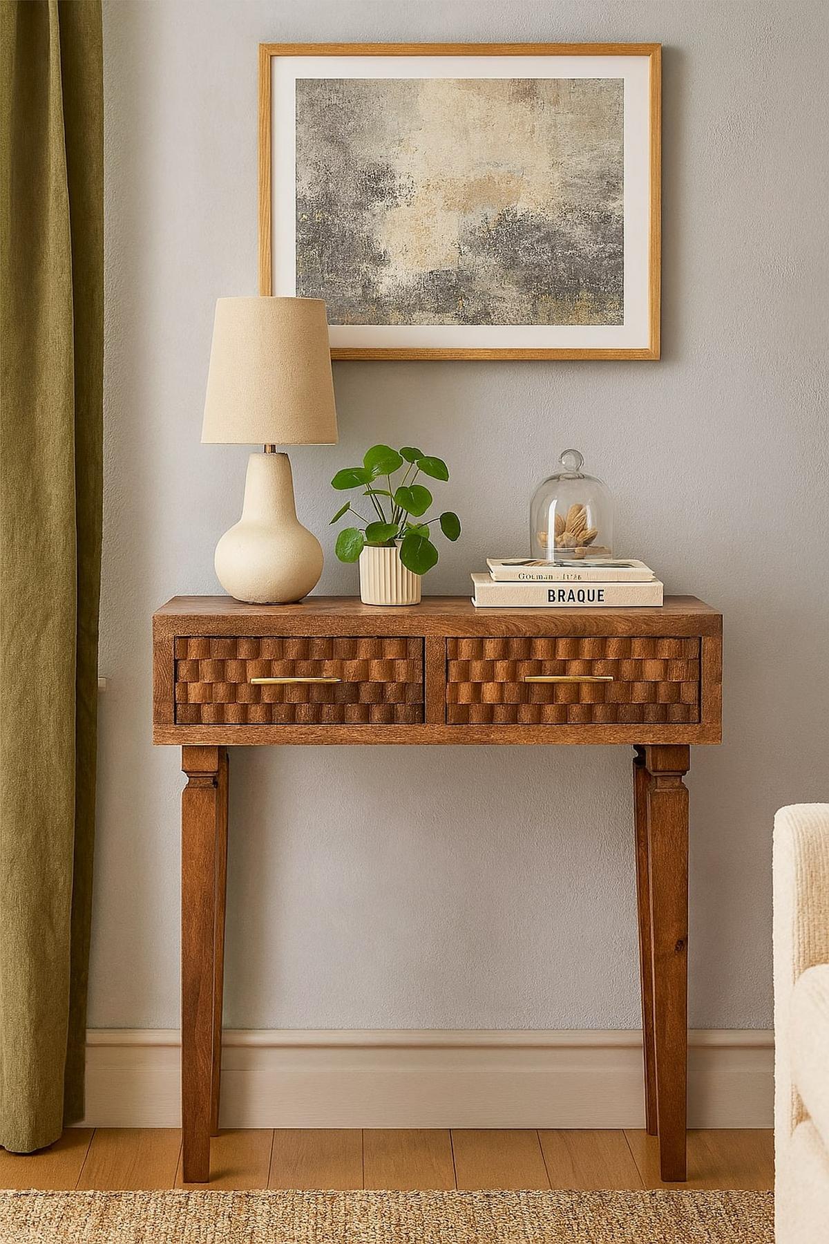 KONSOLENTISCH Golden-Teak-Finish, 2 Schubladen, Hellbraun - Braun, Holz (80/35/82cm) - Artisan Furniture