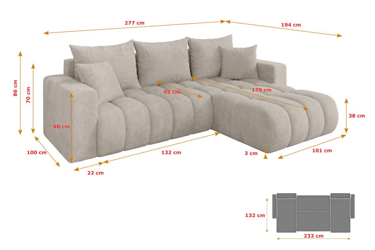 ECKSOFA mit Schlaffunktion Ottomane Rechts MILA-L-v1 277x195x86 Creme Cord - Ecru/Creme, Holzwerkstoff/Kunststoff (277/194cm) - ALTDECOR