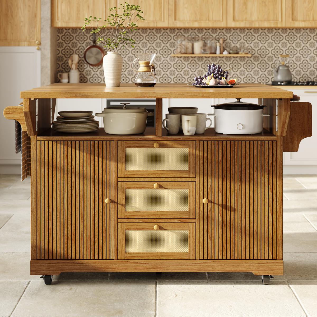 KÜCHENINSEL Dunkelbraun Ausklappbar Mit PE-Rattanschubladen & Rollen - Dunkelbraun, Holzwerkstoff (142.5/95/80cm) - Urban Meuble