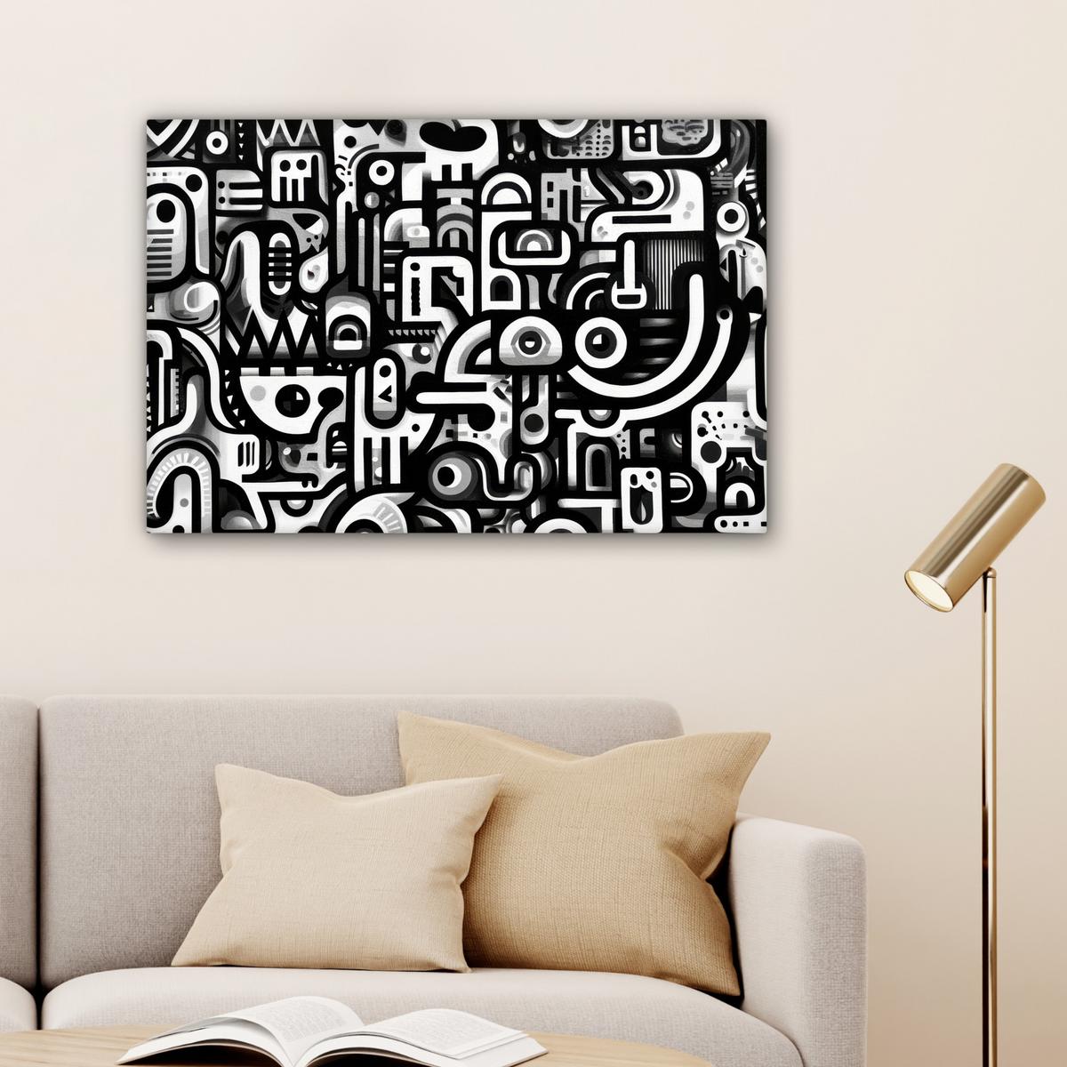 LEINWANDBILD Symbole - Abstrakt - Grafik - Schwarz Wanddeko 90x60 cm - Schwarz, Textil (90/60cm) - MuchoWow