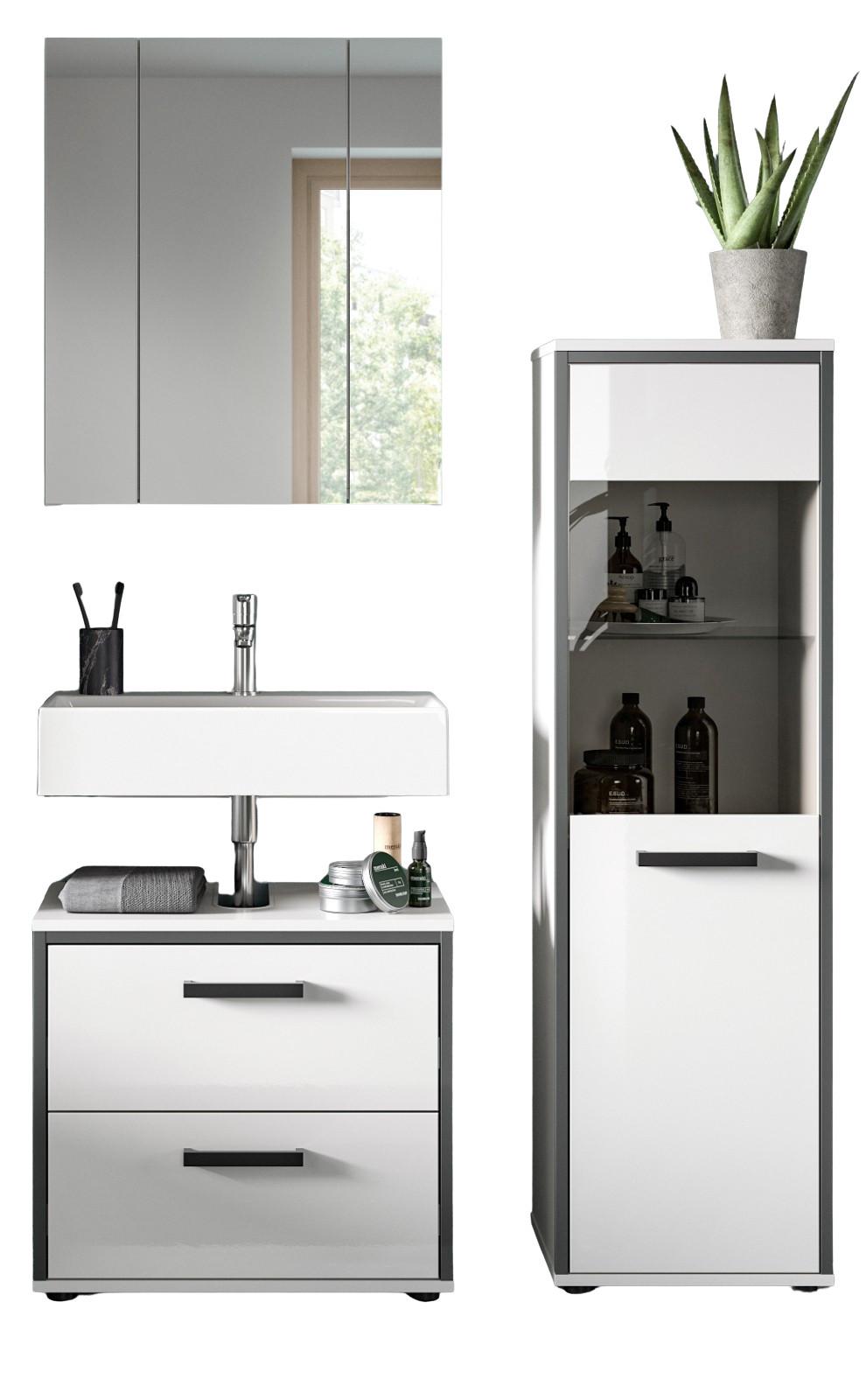 BADMÖBEL-SET 3-teilig weiß Hochglanz, grau, Badkombination 115 x 190 cm - Weiß Hochglanz/Schwarz, Glas/Holzwerkstoff (115/190/37.5cm) - Inn.Furn