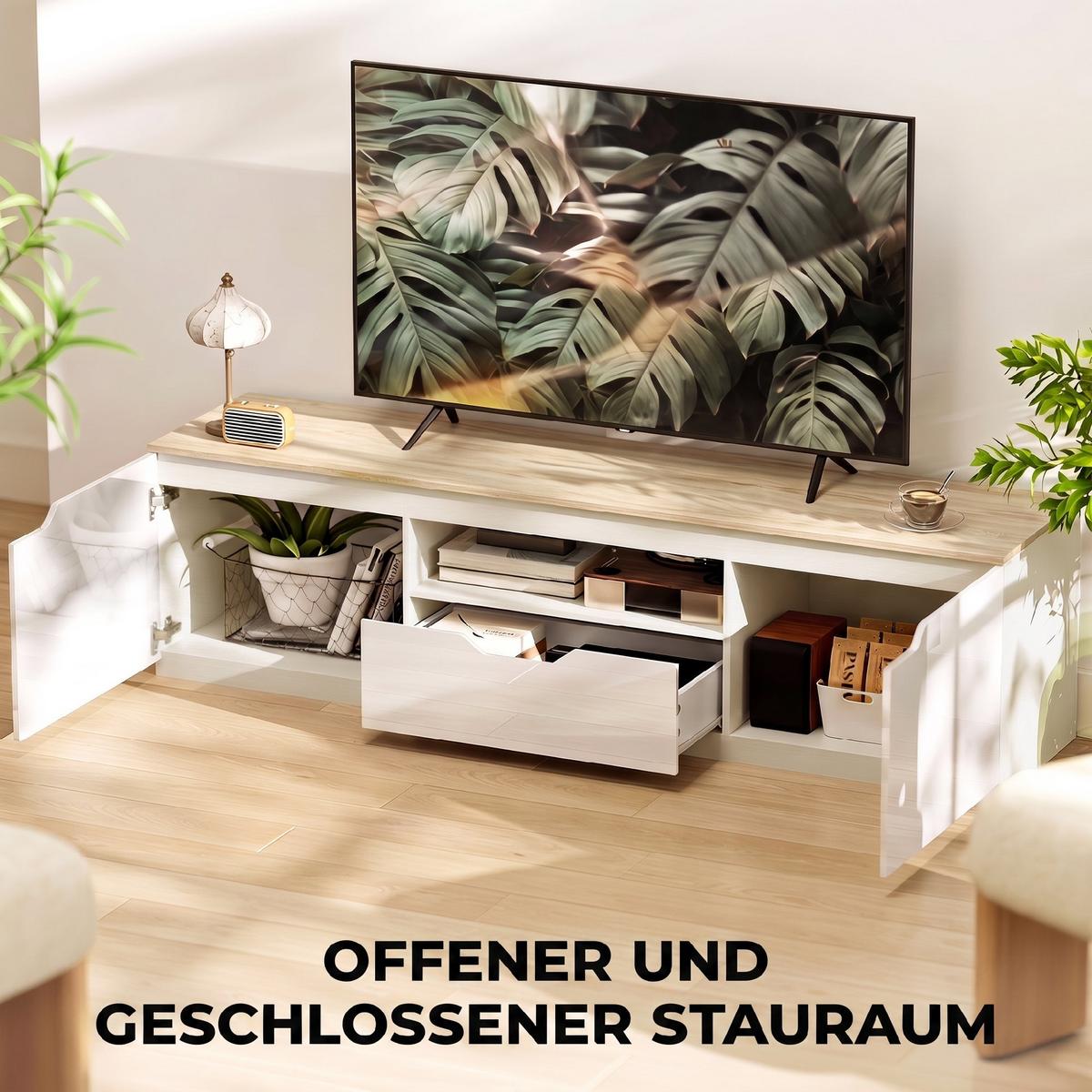 HOCHGLANZ TV-Lowboard für Fernseher bis 65 Zoll, 3 Fächer, Schublade, Naturholz - Naturfarben, Holzwerkstoff (38/43/160cm) - HOMCOM