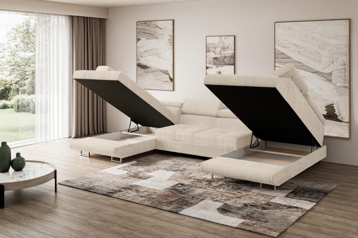 WOHNLANDSCHAFT mit Schlaffunktion und Bettkasten GUSA-U 342x202x107 cm Beige Cord - Beige/Silberfarben, Holzwerkstoff/Textil (342/107/202cm) - ALTDECOR