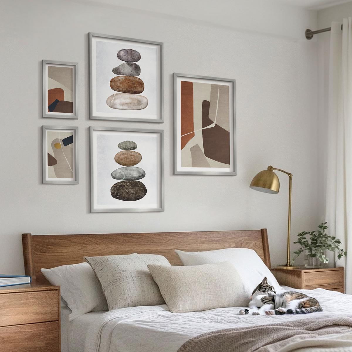 BILDER SET 5er Set - 50x50 cm & 20x30 cm & 40x60 cm Silberner Rahmen - Abstrakte Boho-Formen - Silberfarben, Kunststoff (40/60cm) - TULUP