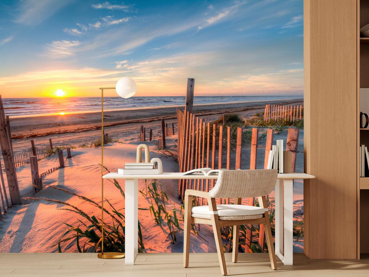 FOTOTAPETE für Wohnzimmer Sonnenaufgang Strand Meer Wellen Dünen 350x256 - Blau/Gelb, Papier (350/256cm) - Muralo