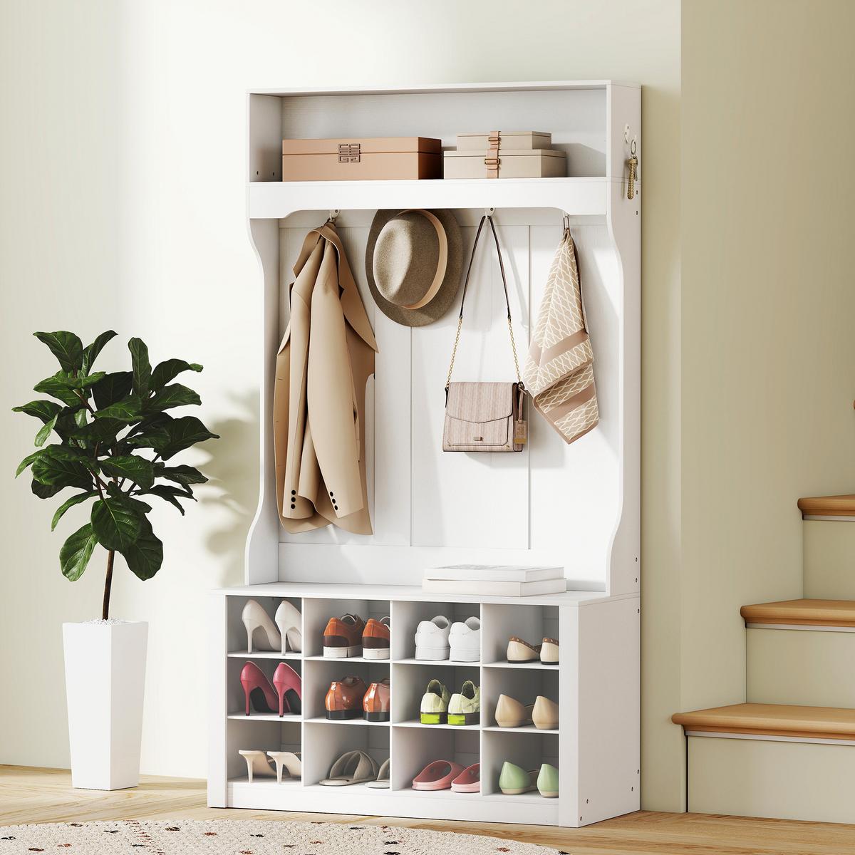 GARDEROBENSTÄNDER mit Sitzbank Kleiderständer mit Schuhregal 6 Haken - Weiß, Holzwerkstoff (100/172.2/35cm) - HOMCOM