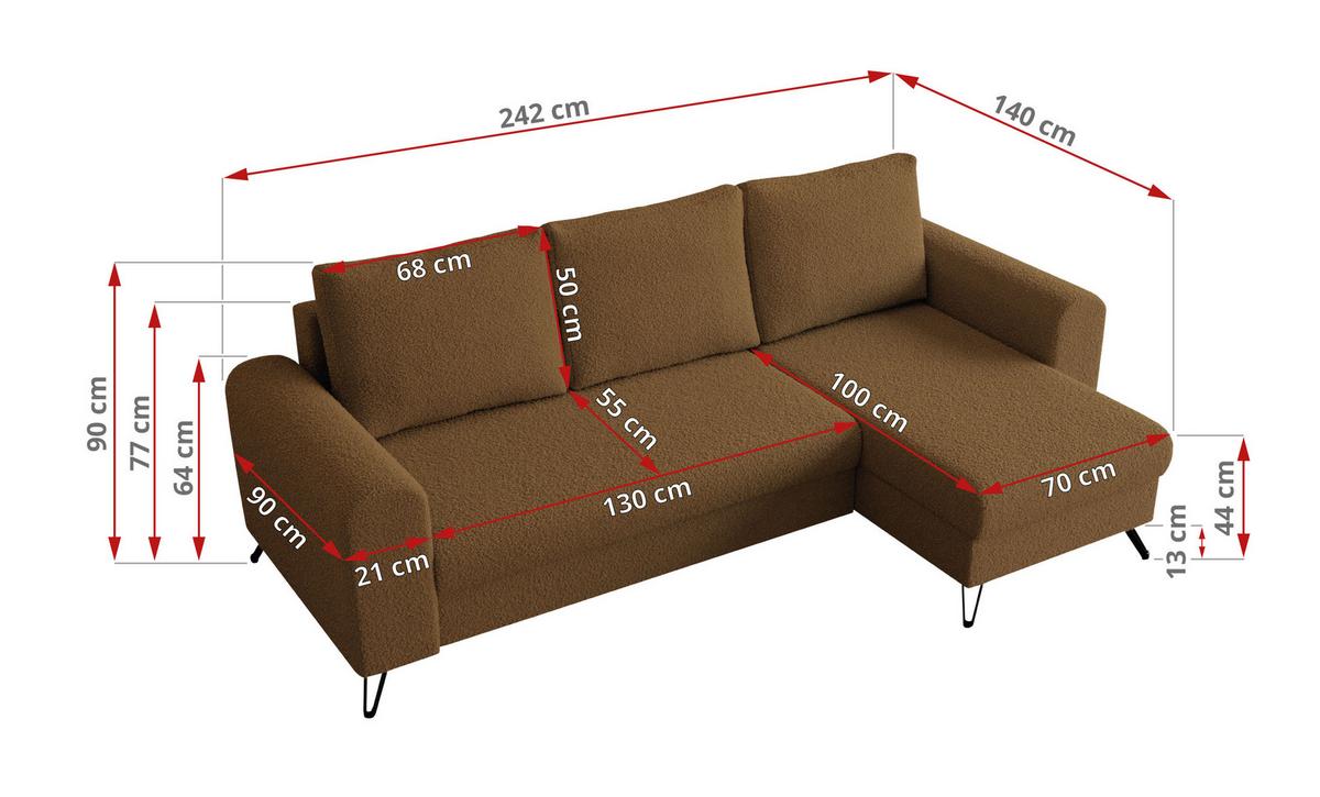 ECKSOFA Hugo Boucle Braun - Schwarz/Braun, Textil/Metall (242/140cm) - MKS