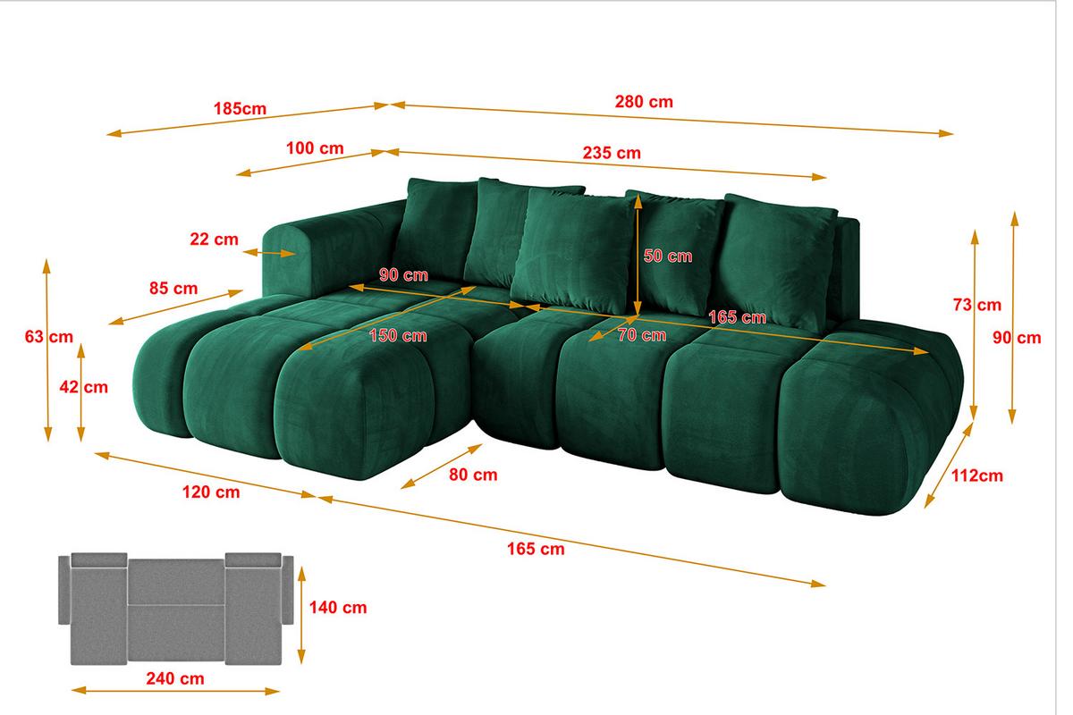 ECKSOFA Ottomane Links CLOUD-L-v1 280x185x90 Dunkelgrün Velours - Dunkelgrün, Holzwerkstoff/Kunststoff (180/289cm) - ALTDECOR