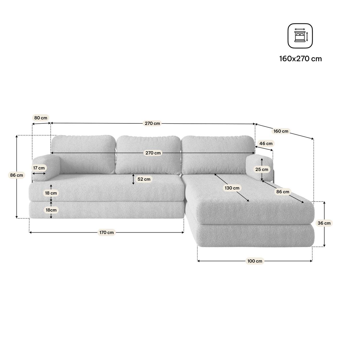 ECKSOFA LEA modulares Boneless Sofa mit Schlaffunktion Beige Boucle-Stoff - Beige, Textil (270/160cm) - MASSENO