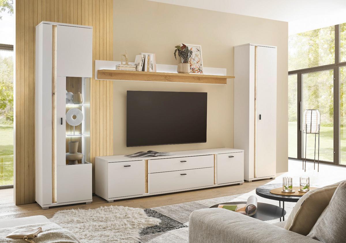 VITRINE weiß matt, Eiche Wotan 55 x 200 cm, Vitrinenschrank inklusive Frontbeleuchtung - Eiche Wotan/Silberfarben, Glas/Holzwerkstoff (55/200/35cm) - Furn.Design