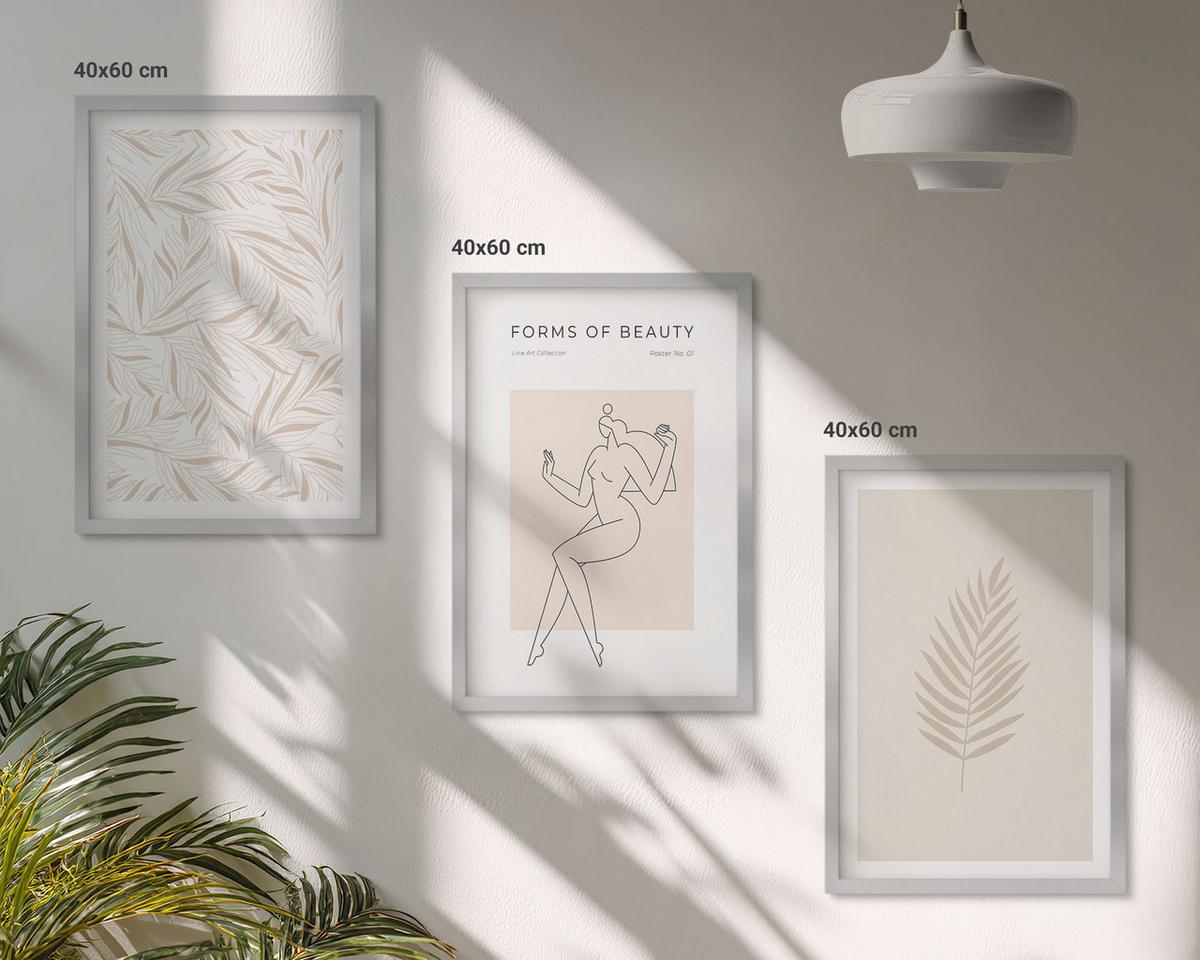 BILDER SET 3er Set - 40x60 cm Silberner Rahmen - Minimalistische botanische Motive - Silberfarben, Kunststoff (40/60cm) - TULUP