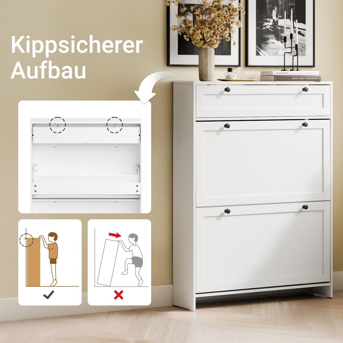 SCHUHKIPPER Schmal mit Schublade, Weiß 80x107x19 cm - Weiß, Holzwerkstoff (80/107/19cm) - SoBuy