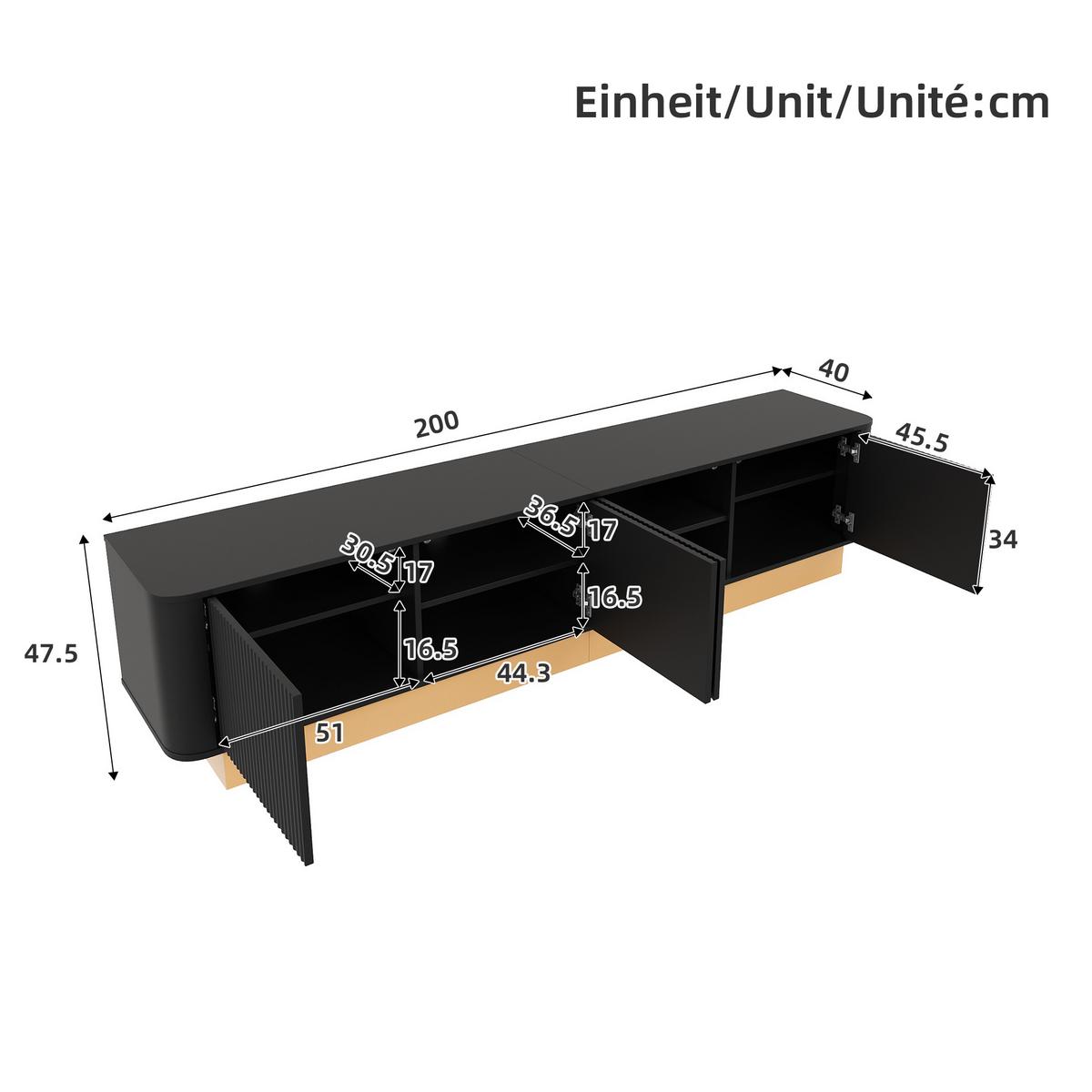 TV-LOWBOARD Luxus-Rillen-Design & abgerundete Ecken - Schwarz, Holzwerkstoff (200/47.5/40cm) - Urban Meuble