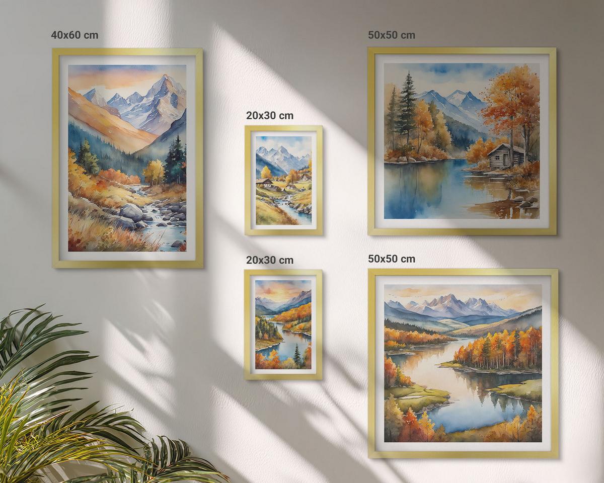 BILDER SET 5er Set - 50x50 cm & 20x30 cm & 40x60 cm Goldrahmen - Berglandschaft, Flusshütten - Goldfarben, Kunststoff (40/60cm) - TULUP
