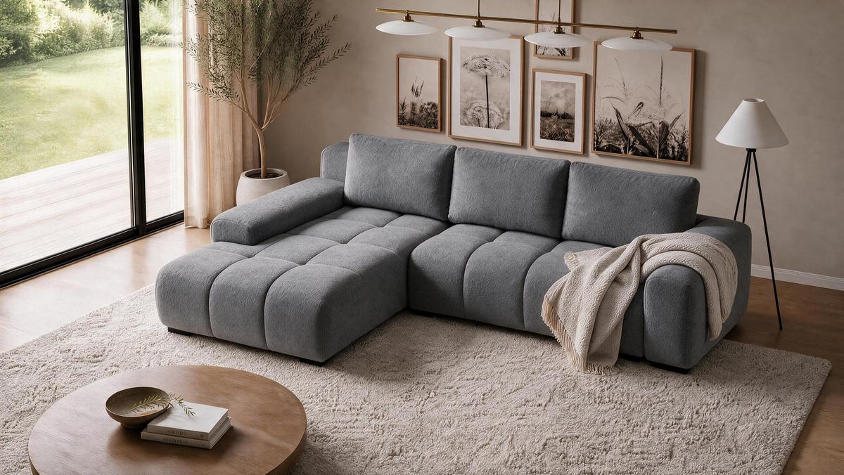 ECKSOFA Ovia mit Bettkasten und Schlaffunktion, Bouclé-Stoff in L-Form - Dunkelgrau, Textil (270/185cm)