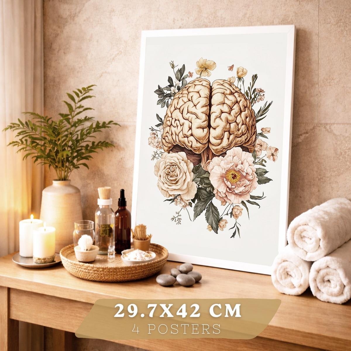 POSTER Set aus 4 Vintage Körper Anatomie Drucke mit Gehirn Herz Lungen Luftröhre Bronchien Nieren Verdauungssystem Magen Darm Größe Weißer Rahmen A3 - Weiß, Papier (29.7/42/3cm) - Nacnic