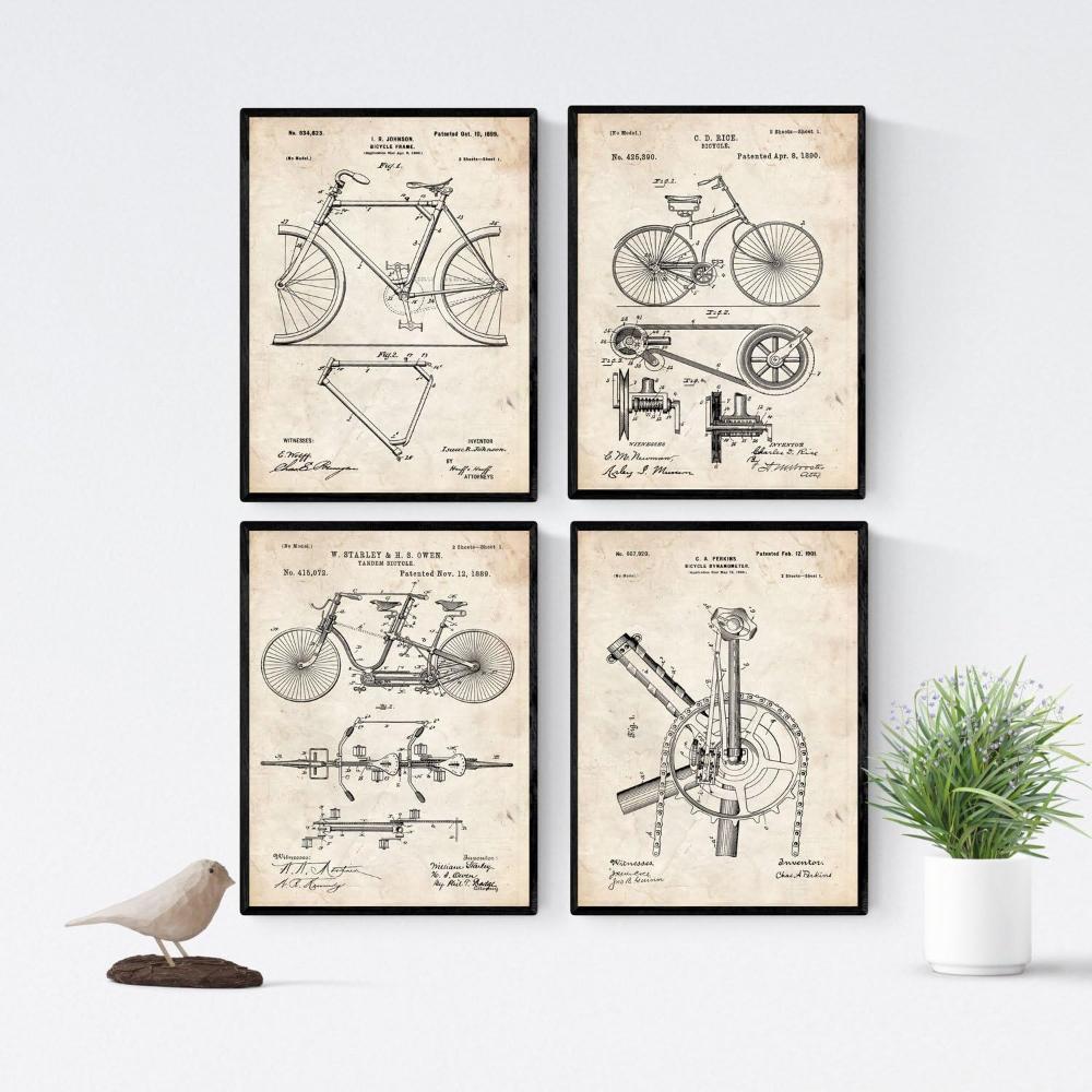 POSTER Set mit 4 Jahrgang Fahrrad Patent Jahrgang Stil A4 Schwarzer Rahmen - Schwarz, Papier (29.7/3cm) - Nacnic