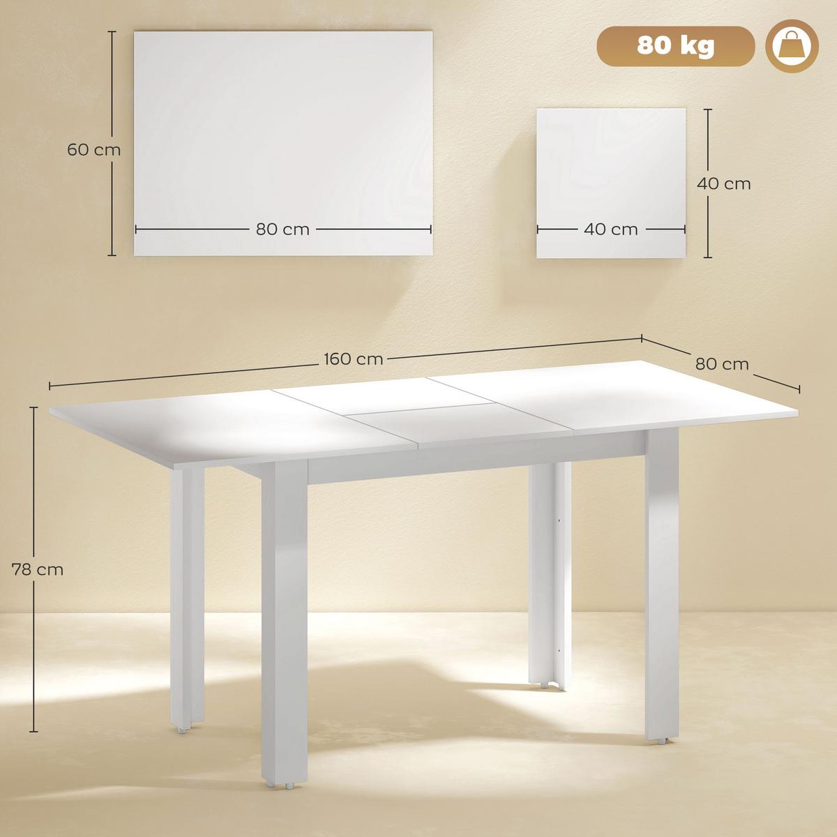 ESSTISCH ausziehbar 120-160 x 80 cm Küchentisch für 4-6 Personen, Hochglanzweiß - Weiß Hochglanz, Holzwerkstoff (160/80/78cm) - HOMCOM