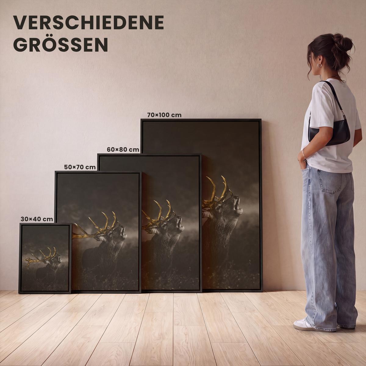 LEINWAND Bilder mit Rahmen - Rotwild - Schwarz - Gold - 60x80 - Braun, Textil (60/80cm) - MuchoWow